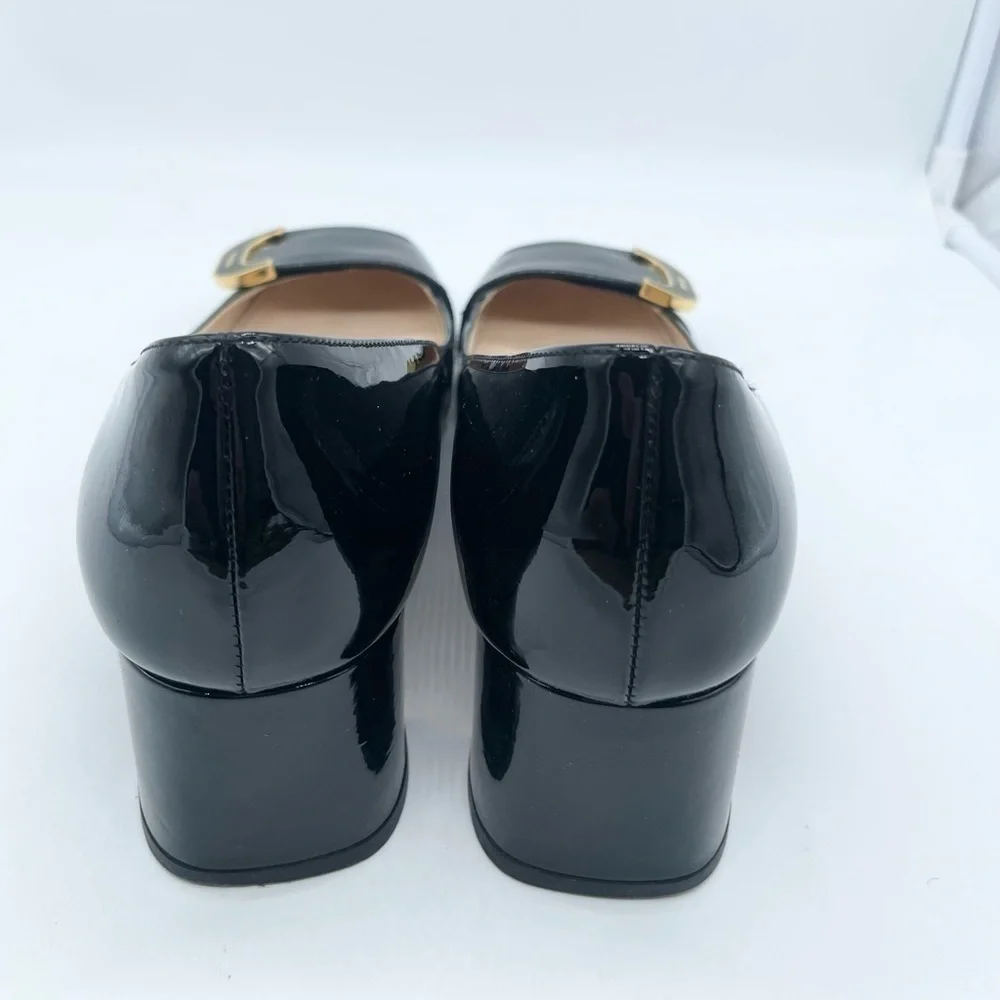 Prada Black Patent leather logo embellished block heel pumps EU37